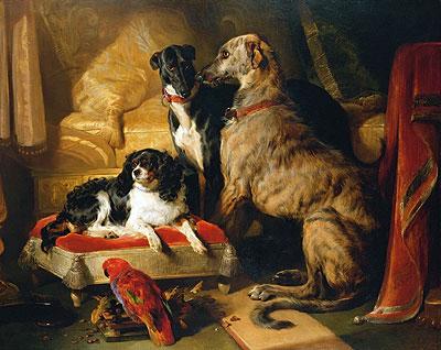 Painting of Hector, Nero and Dash with the Parrot Lory, 1838 Sir Edwin Henry Landseer (1802-1873)